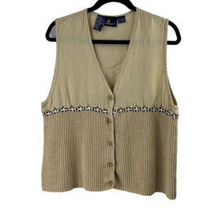 Vintage Lizsport Linen Blend Cream Boxy Ribbed Button Down Vest